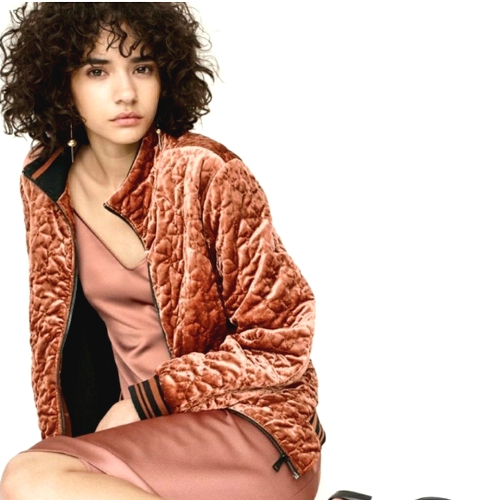Bernardo Copper Quilted Velvety Zip front Long Sleeve Varsity Jacket